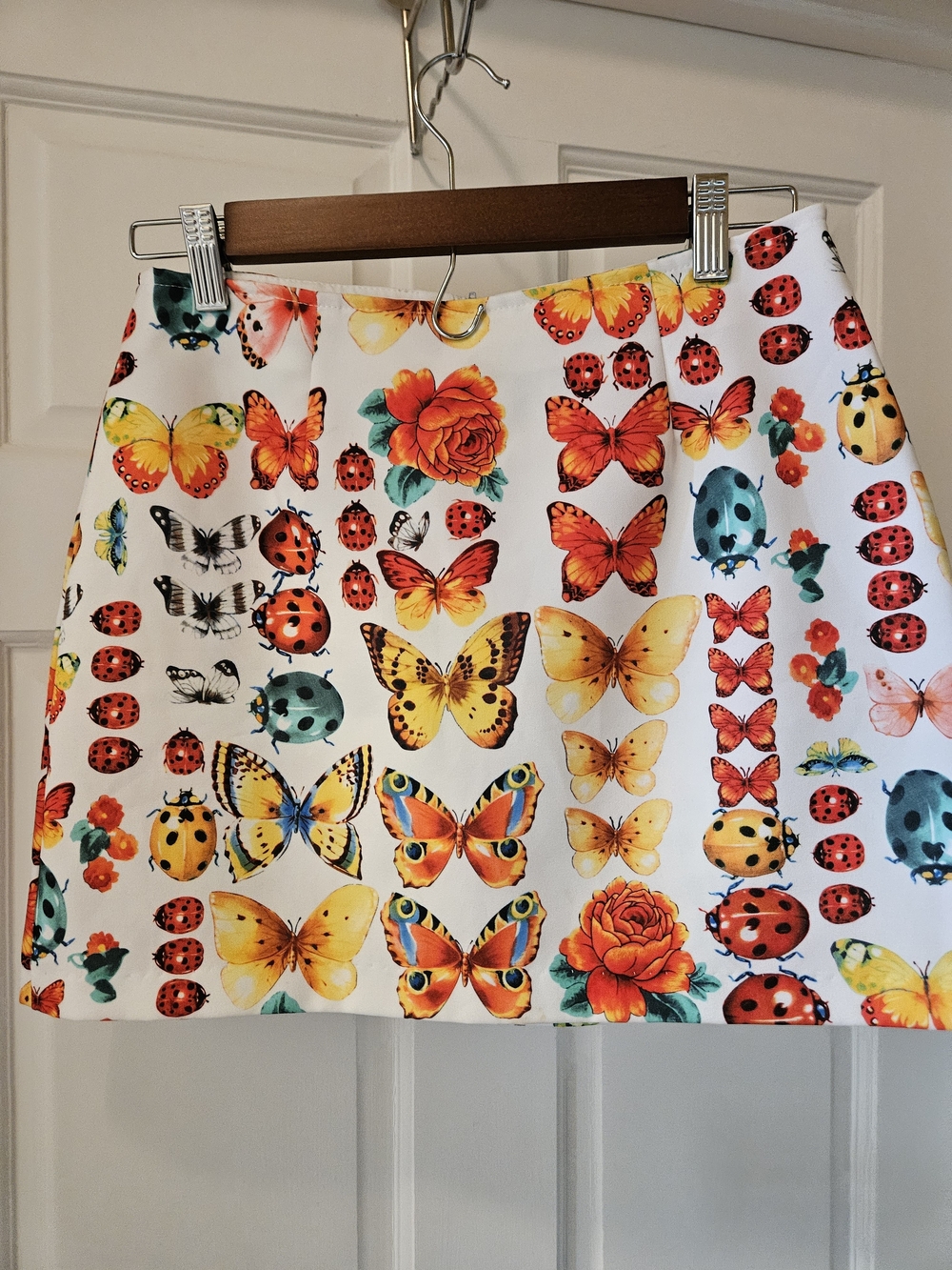 White Mini Skirt with Multicolor Butterfly & Ladybug Print